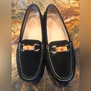 Patricia Green Black Suede Loafers with Bamboo Detail